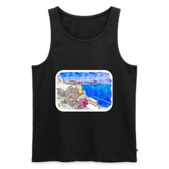 Santorin Grèce croquis aquarelle dessin dessiné - Débardeur bio Premium Homme - noir - Devant - Michal (187cm)