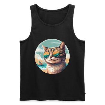 Chat sur la plage avec lunettes de soleil et voilier - Débardeur bio Premium Homme - noir - Devant - Michal (187cm)