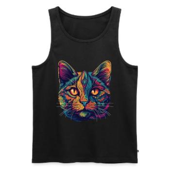 Visage de chat psychédélique aux motifs colorés - Débardeur bio Premium Homme - noir - Devant - AI Model Male 178 light (178cm)