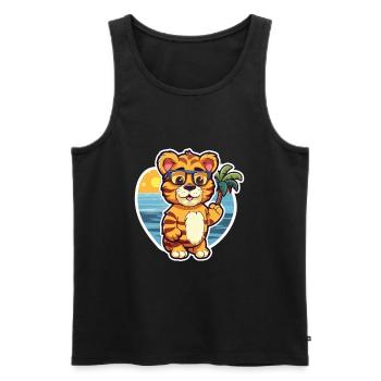 Tiger Lustige Karikatur Kawaii Strand Illustration - Männer Premium Bio Tank Top - Schwarz - Vorne - Michal (187cm)