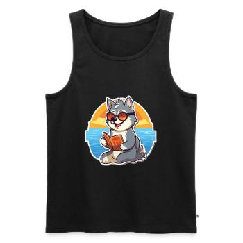 Husky Chien Mignon Drôle Dessin Animé Kawaii Livre Plage - Débardeur bio Premium Homme - noir - Devant - Michal (187cm)