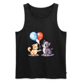 Dessin animé kawaii de chat et de chien jouant avec des ballons - Débardeur bio Premium Homme - noir - Devant - Michal (187cm)