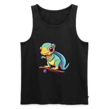 Funny Chameleon Kawaii Cartoon Playing Skateboard - Men's Premium Organic Tank Top - black - Front - Michal (187cm)