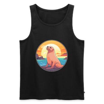 Lion de mer coloré aquarelle dessin animé kawaii animal - Débardeur bio Premium Homme - noir - Devant - AI Model Male 178 light (178cm)