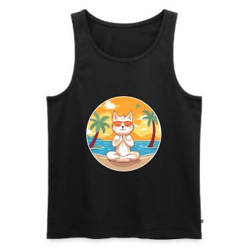 Dessin animé de chat Yoga plage Illustration d’été - Débardeur bio Premium Homme - noir - Devant - AI Model Male 178 light (178cm)