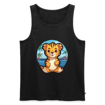Tiger Funny Cartoon Kawaii Beach Illustration - Men's Premium Organic Tank Top - black - Front - AI Model Male 178 light (178cm)