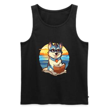 Husky Chien Mignon Drôle Dessin Animé Kawaii Livre Plage - Débardeur bio Premium Homme - noir - Devant - Michal (187cm)
