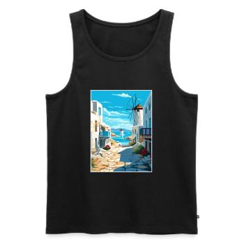 Mykonos Grèce décoration Vintage Travel Poster - Débardeur bio Premium Homme - noir - Devant - Michal (187cm)