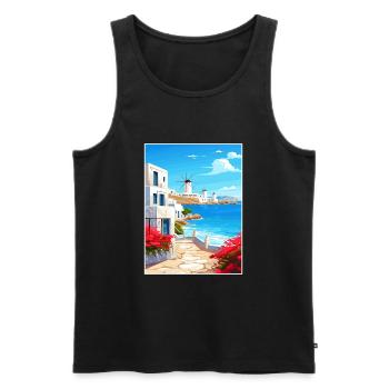 Mykonos Grèce décoration Vintage Travel Poster - Débardeur bio Premium Homme - noir - Devant - Michal (187cm)