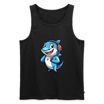 Requin Drôle Dessin Animé Personnage Casque Musique - Débardeur bio Premium Homme - noir - Devant - Michal (187cm)