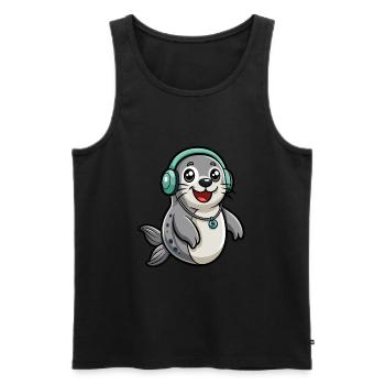 Siegel Lustige Zeichentrickfigur Kopfhörer Musik - Männer Premium Bio Tank Top - Schwarz - Vorne - Michal (187cm)