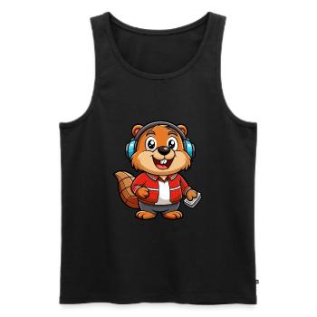 Beaver Funny Cartoon Character Headphone Music - Men's Premium Organic Tank Top - black - Front - Michal (187cm)