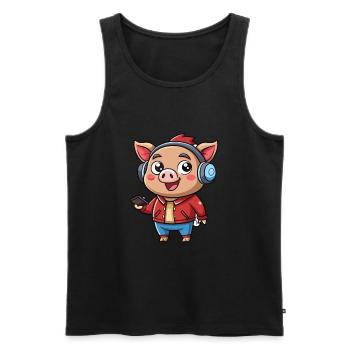 Cochon Drôle Dessin Animé Personnage Casque Musique - Débardeur bio Premium Homme - noir - Devant - AI Model Male 178 light (178cm)