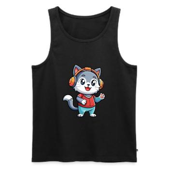 Cat Funny Cartoon Character Headphone Music - Men's Premium Organic Tank Top - black - Front - AI Model Male 178 light (178cm)