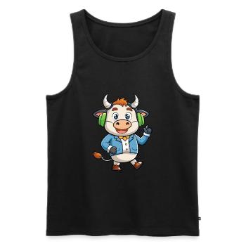 Vache Drôle Dessin Animé Personnage Casque Musique - Débardeur bio Premium Homme - noir - Devant - Michal (187cm)