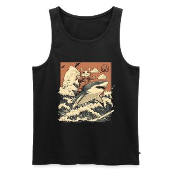 Chat chevauchant le requin au Japon style artistique de dessin animé - Débardeur bio Premium Homme - noir - Devant - AI Model Male 178 light (178cm)