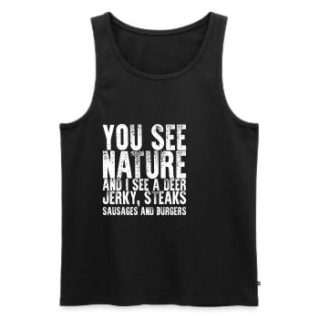 Vous voyez la nature, je vois un cerf, jerky, steaks 2 - Débardeur bio Premium Homme - noir - Devant - Michal (187cm)