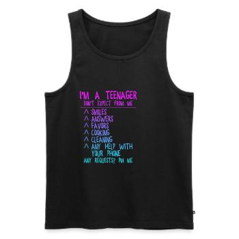 Je suis un adolescent, ne vous attendez pas à moi, souriez... 4 - Débardeur bio Premium Homme - noir - Devant - AI Model Male 178 light (178cm)