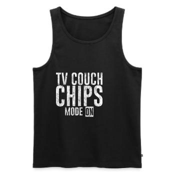 Tv Canapé Chips Mode On 3 - Débardeur bio Premium Homme - noir - Devant - AI Model Male 178 light (178cm)