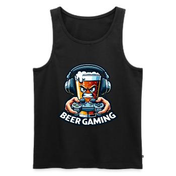 Ein Bier im Cartoon-Stil, das Videospiele abspielt - Männer Premium Bio Tank Top - Schwarz - Vorne - AI Model Male 178 light (178cm)