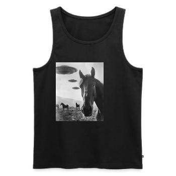 Selfie de cheval avec OVNI Étrange des années 50 Photo 4 - Débardeur bio Premium Homme - noir - Devant - Michal (187cm)