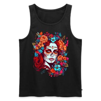 Dia de los muertos femme maquillage avec des fleurs - Débardeur bio Premium Homme - noir - Devant - Michal (187cm)