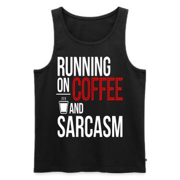 "Running on Coffee and Sarcasm" Modern and Bold - Men's Premium Organic Tank Top - black - Front - AI Model Male 178 light (178cm)
