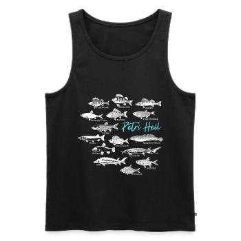 Angler design with various fish species Petri Heil - Men's Premium Organic Tank Top - black - Front - AI Model Male 178 light (178cm)