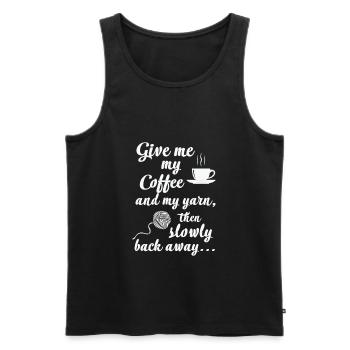 Citation de couture Donnez-moi mon café et mon fil et retour A - Débardeur bio Premium Homme - noir - Devant - AI Model Male 178 light (178cm)