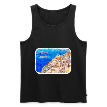 Santorin Grèce croquis aquarelle dessin dessiné - Débardeur bio Premium Homme - noir - Devant - Michal (187cm)