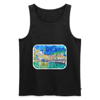 Sorrente Italie Aquarelle Esquisse Dessinée Peinture - Débardeur bio Premium Homme - noir - Devant - Michal (187cm)