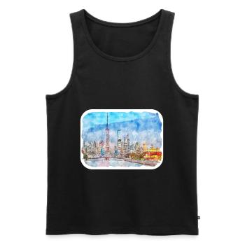 Shanghai Chine Aquarelle Esquisse Dessin Dessiné - Débardeur bio Premium Homme - noir - Devant - Michal (187cm)