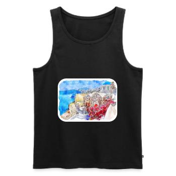 Santorin Grèce Aquarelle Sketch Illustration - Débardeur bio Premium Homme - noir - Devant - Michal (187cm)