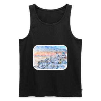 Santorin Grèce Aquarelle Sketch Illustration - Débardeur bio Premium Homme - noir - Devant - Michal (187cm)
