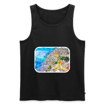 Positano Italie Aquarelle Sketch Illustration - Débardeur bio Premium Homme - noir - Devant - Michal (187cm)