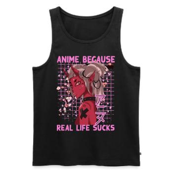 Lustig Manga Spruch Anime because real life sucks - Männer Premium Bio Tank Top - Schwarz - Vorne - Michal (187cm)