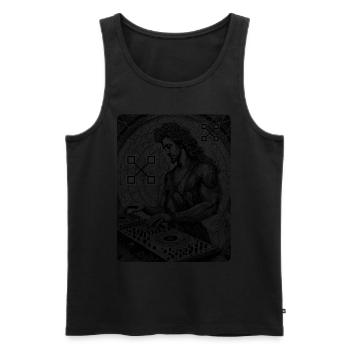 Shirt, electronic vibes: DJ in front of church window - Men's Premium Organic Tank Top - black - Front - AI Model Male 178 light (178cm)