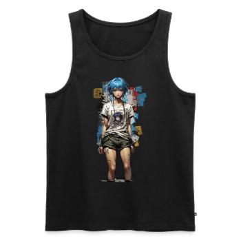 Design de style de rue anime avec des cheveux bleus - Débardeur bio Premium Homme - noir - Devant - AI Model Male 178 light (178cm)