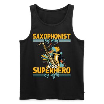 Conception de super-héros de saxophone amusant pour la musique jazz - Débardeur bio Premium Homme - noir - Devant - AI Model Male 178 light (178cm)