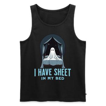 Funny Halloween Saying: There's Sheet In My Bed - Men's Premium Organic Tank Top - black - Front - AI Model Male 178 light (178cm)