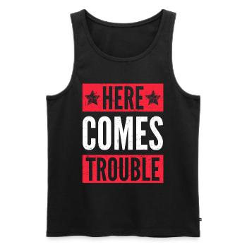 Here comes trouble trouble déclaration rengaine humour - Débardeur bio Premium Homme - noir - Devant - AI Model Male 178 light (178cm)