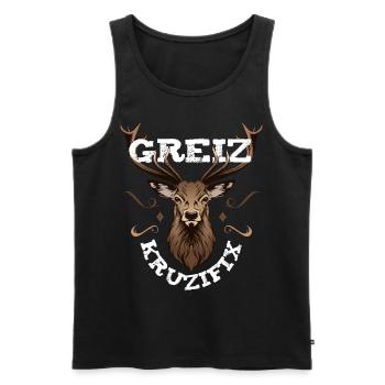 Greiz Kruzifix Fluchen bayrischer Dialekt Hirsch - Männer Premium Bio Tank Top - Schwarz - Vorne - AI Model Male 178 light (178cm)