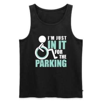 Fauteuil roulant handicap je suis juste dedans pour le parking - Débardeur bio Premium Homme - noir - Devant - Michal (187cm)