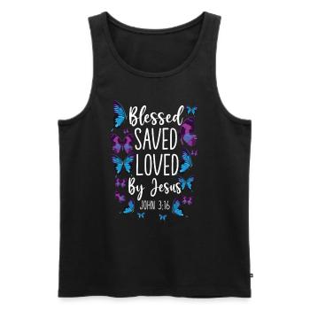 Citation de verset biblique chrétien - Débardeur bio Premium Homme - noir - Devant - Michal (187cm)