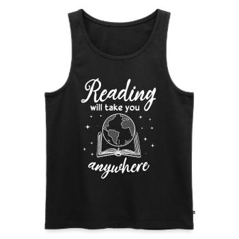Reading Will Take You Anywhere Adventure Book - Men's Premium Organic Tank Top - black - Front - AI Model Male 178 light (178cm)