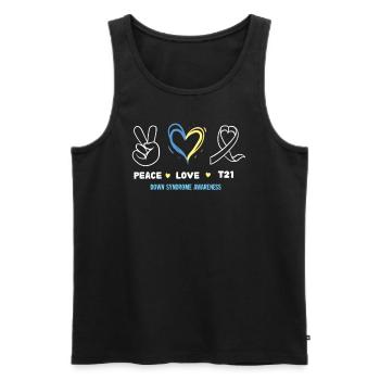 Peace Love T21 I Ruban bleu jaune syndrome de Down - Débardeur bio Premium Homme - noir - Devant - AI Model Male 178 light (178cm)