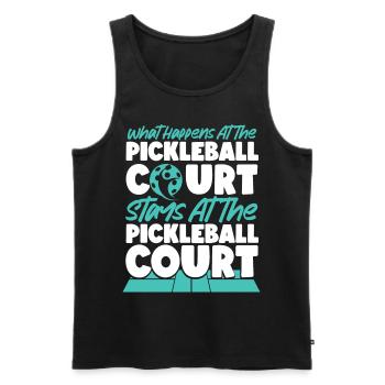 Pickleball What Happens At The - Men's Premium Organic Tank Top - black - Front - AI Model Male 178 light (178cm)