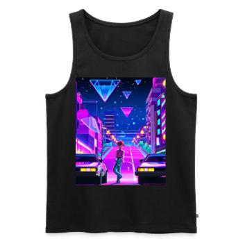 Vaporwave Esthétique Synthwave City Anime Girl - Débardeur bio Premium Homme - noir - Devant - AI Model Male 178 light (178cm)