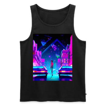 Vaporwave Esthétique Synthwave City Anime Girl - Débardeur bio Premium Homme - noir - Devant - AI Model Male 178 light (178cm)