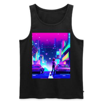 Vaporwave Esthétique Synthwave City Anime Girl - Débardeur bio Premium Homme - noir - Devant - AI Model Male 178 light (178cm)